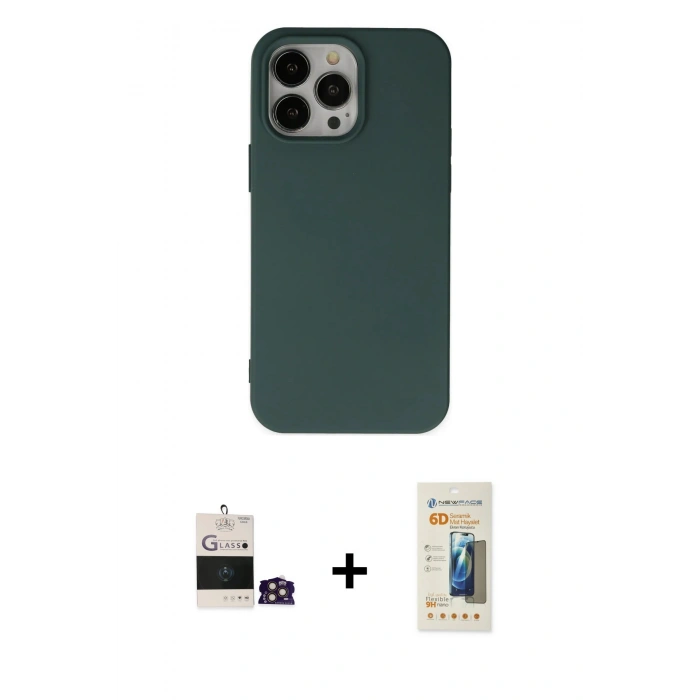 MARSİLYAN™- iPhone 14 Pro Max Kılıf Ahenk Serisi - Siyah 6D Mat Seramik Hayalet Nano Ekran Koruyucu + Bilvis Titan Kamera Lens - GD
