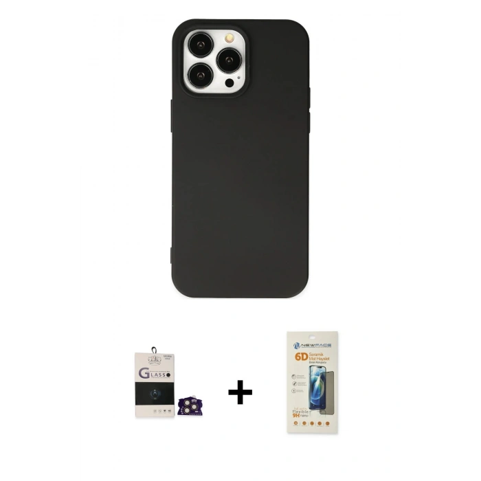 MARSİLYAN™- iPhone 14 Pro Max Kılıf Ahenk Serisi - Siyah 6D Mat Seramik Hayalet Nano Ekran Koruyucu + Bilvis Titan Kamera Lens - GD