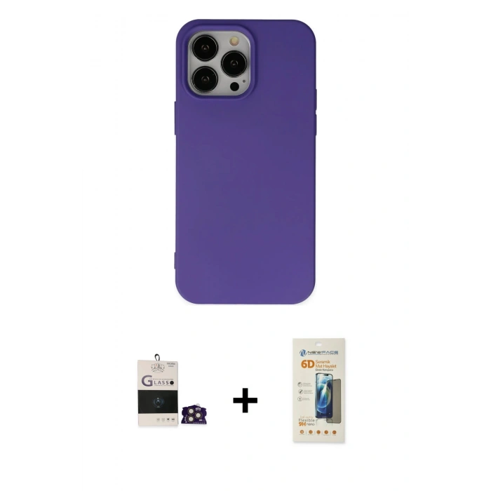 MARSİLYAN™- iPhone 14 Pro Max Kılıf Ahenk Serisi - Siyah 6D Mat Seramik Hayalet Nano Ekran Koruyucu + Bilvis Titan Kamera Lens - GD