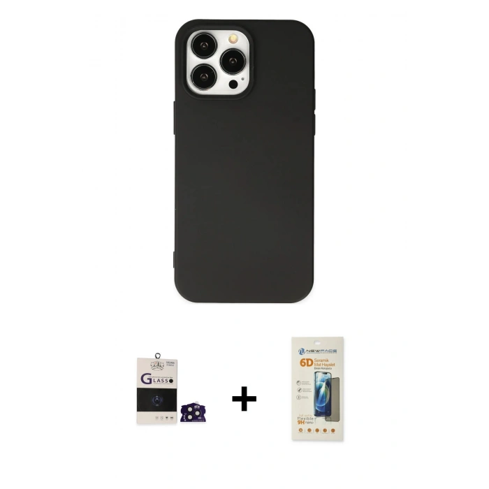 MARSİLYAN™- iPhone 14 Pro Max Kılıf Ahenk Serisi - Siyah 6D Mat Seramik Hayalet Nano Ekran Koruyucu + Bilvis Titan Kamera Lens - DNMR