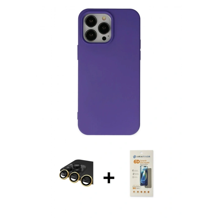 MARSİLYAN™- iPhone 14 Pro Max Kılıf Ahenk Serisi - Siyah 6D Mat Seramik Hayalet Nano Ekran Koruyucu + Raze Metal Kamera Lens - GD