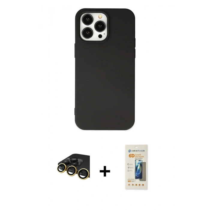 MARSİLYAN™- iPhone 14 Pro Max Kılıf Ahenk Serisi - Siyah 6D Mat Seramik Hayalet Nano Ekran Koruyucu + Raze Metal Kamera Lens - GD