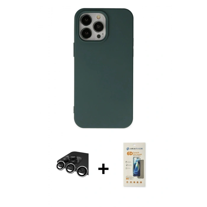 MARSİLYAN™- iPhone 14 Pro Max Kılıf Ahenk Serisi - Siyah 6D Mat Seramik Hayalet Nano Ekran Koruyucu + Raze Metal Kamera Lens - GS