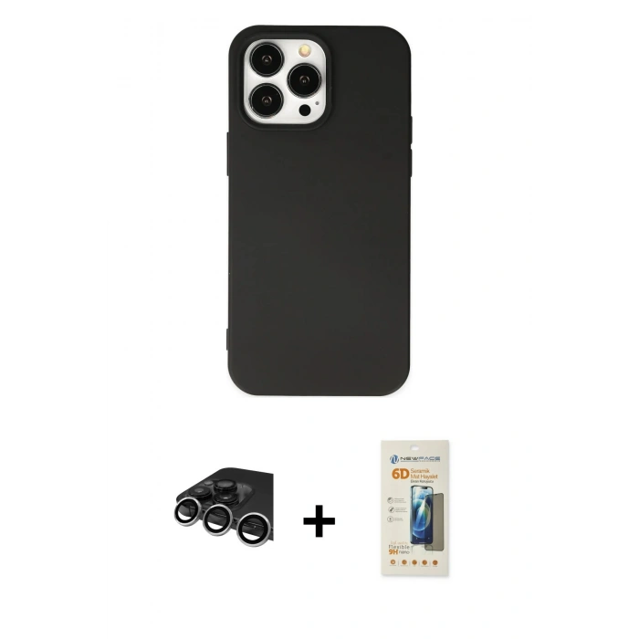 MARSİLYAN™- iPhone 14 Pro Max Kılıf Ahenk Serisi - Siyah 6D Mat Seramik Hayalet Nano Ekran Koruyucu + Raze Metal Kamera Lens - GS