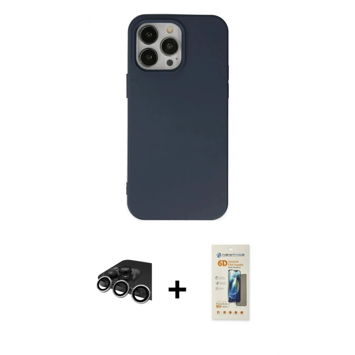 MARSİLYAN™- iPhone 14 Pro Max Kılıf Ahenk Serisi - Siyah 6D Mat Seramik Hayalet Nano Ekran Koruyucu + Raze Metal Kamera Lens - GS