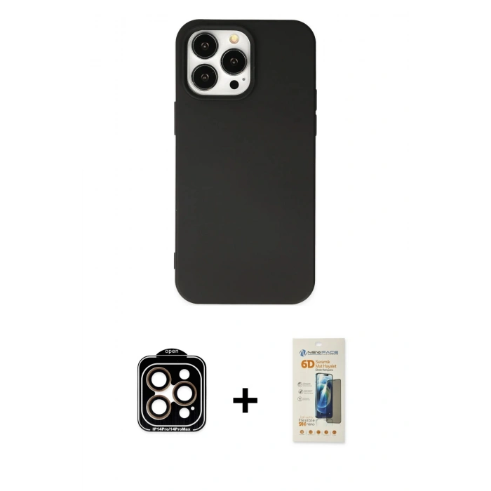 MARSİLYAN™- iPhone 14 Pro Max Kılıf Ahenk Serisi - Siyah 6D Mat Seramik Hayalet Nano Ekran Koruyucu + PVD Metal Kamera Lens - TU