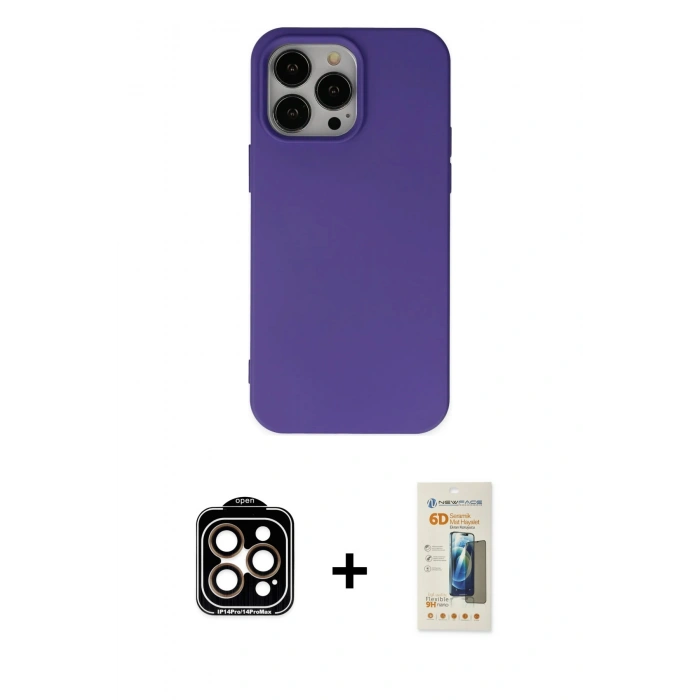 MARSİLYAN™- iPhone 14 Pro Max Kılıf Ahenk Serisi - Siyah 6D Mat Seramik Hayalet Nano Ekran Koruyucu + PVD Metal Kamera Lens - TU