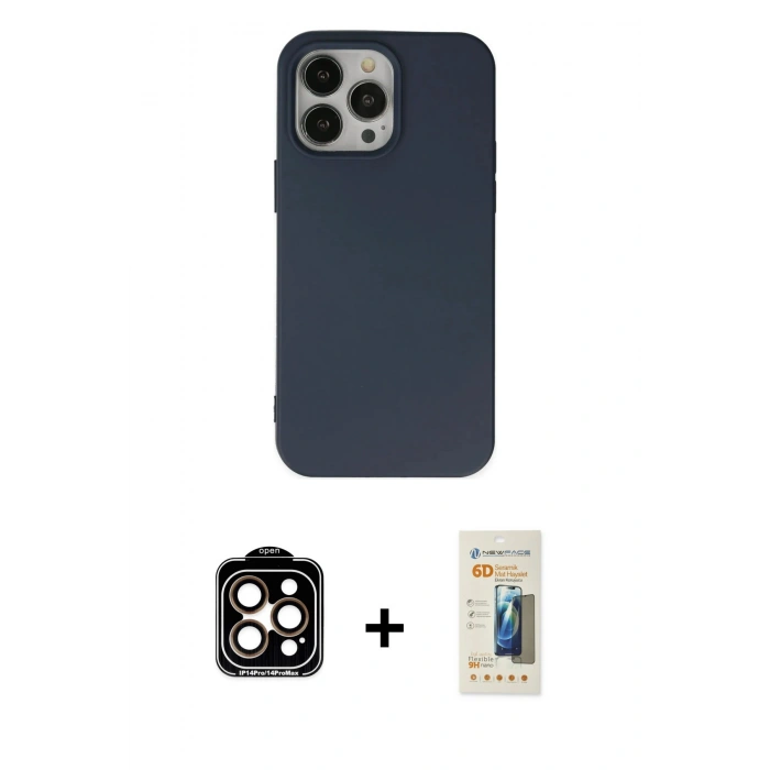 MARSİLYAN™- iPhone 14 Pro Max Kılıf Ahenk Serisi - Siyah 6D Mat Seramik Hayalet Nano Ekran Koruyucu + PVD Metal Kamera Lens - TU