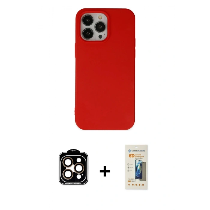 MARSİLYAN™- iPhone 14 Pro Max Kılıf Ahenk Serisi - Siyah 6D Mat Seramik Hayalet Nano Ekran Koruyucu + PVD Metal Kamera Lens - TU