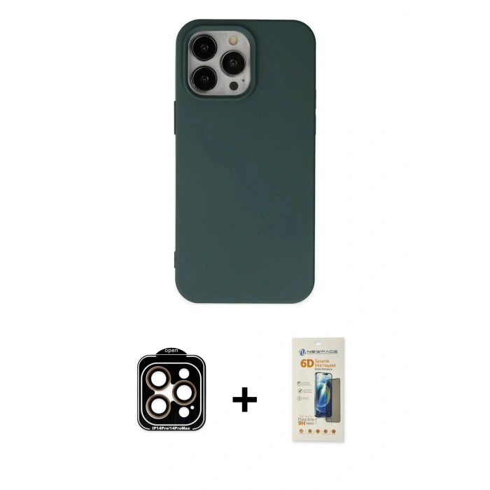 MARSİLYAN™- iPhone 14 Pro Max Kılıf Ahenk Serisi - Siyah 6D Mat Seramik Hayalet Nano Ekran Koruyucu + PVD Metal Kamera Lens - TU