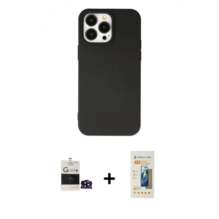 MARSİLYAN™- iPhone 14 Pro Max Kılıf Ahenk Serisi - Siyah 6D Mat Seramik Hayalet Nano Ekran Koruyucu + Bilvis Titan Kamera Lens - SH