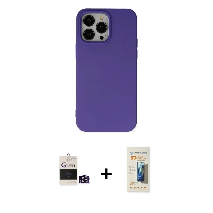 MARSİLYAN™- iPhone 14 Pro Max Kılıf Ahenk Serisi - Siyah 6D Mat Seramik Hayalet Nano Ekran Koruyucu + Bilvis Titan Kamera Lens - SH