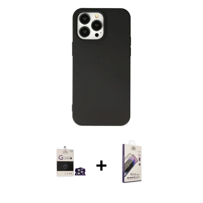 MARSİLYAN™- iPhone 14 Pro Max Kılıf Ahenk Serisi - Siyah Bilvis 3D Mat Cam Ekran Koruyucu + Bilvis Titan Kamera Lens - GS