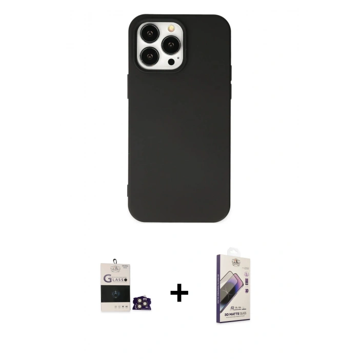 MARSİLYAN™- iPhone 14 Pro Max Kılıf Ahenk Serisi - Siyah Bilvis 3D Mat Cam Ekran Koruyucu + Bilvis Titan Kamera Lens - GD