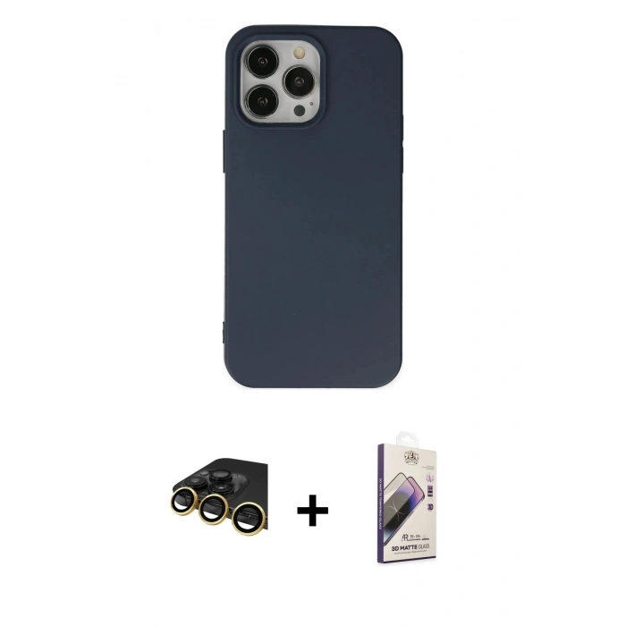 MARSİLYAN™- iPhone 14 Pro Max Kılıf Ahenk Serisi - Siyah Bilvis 3D Mat Cam Ekran Koruyucu + Raze Metal Kamera Lens - GD