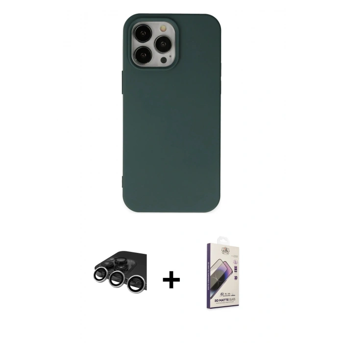 MARSİLYAN™- iPhone 14 Pro Max Kılıf Ahenk Serisi - Siyah Bilvis 3D Mat Cam Ekran Koruyucu + Gümüş Raze Metal Kamera Lens