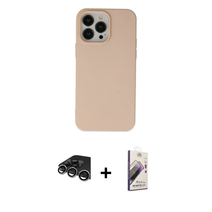 MARSİLYAN™- iPhone 14 Pro Max Kılıf Ahenk Serisi - Siyah Bilvis 3D Mat Cam Ekran Koruyucu + Gümüş Raze Metal Kamera Lens