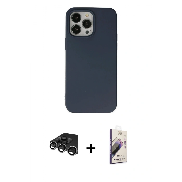MARSİLYAN™- iPhone 14 Pro Max Kılıf Ahenk Serisi - Siyah Bilvis 3D Mat Cam Ekran Koruyucu + Gümüş Raze Metal Kamera Lens