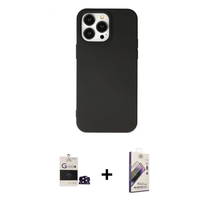 MARSİLYAN™- iPhone 14 Pro Max Kılıf Ahenk Serisi - Siyah Bilvis 3D Mat Cam Ekran Koruyucu + Bilvis Titan Kamera Lens - SH