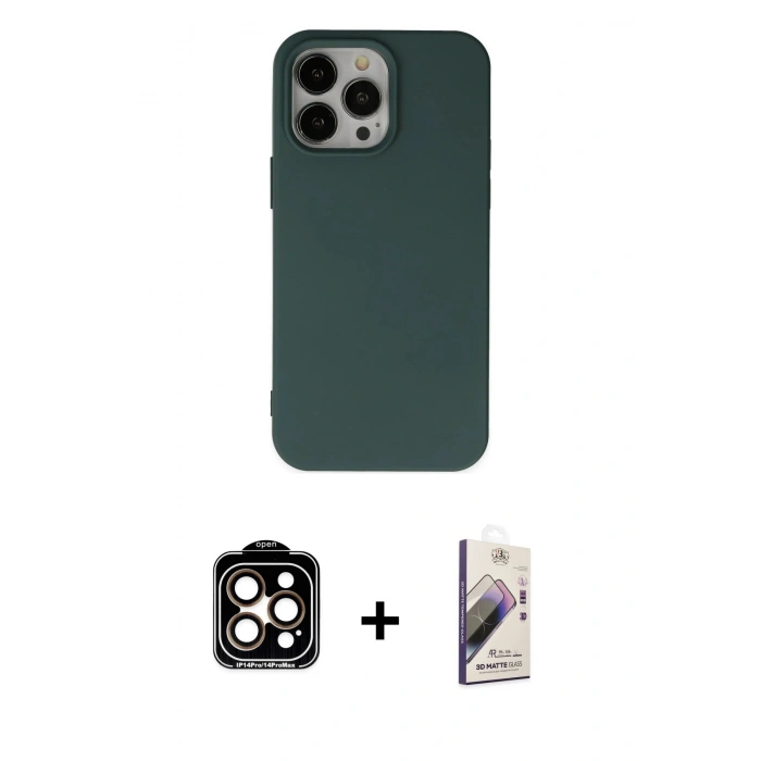 MARSİLYAN™- iPhone 14 Pro Max Kılıf Ahenk Serisi - Siyah Bilvis 3D Mat Cam Ekran Koruyucu + PVD Metal Kamera Lens - TU