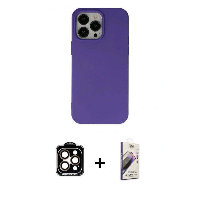 MARSİLYAN™- iPhone 14 Pro Max Kılıf Ahenk Serisi - Siyah Bilvis 3D Mat Cam Ekran Koruyucu + PVD Metal Kamera Lens - TU