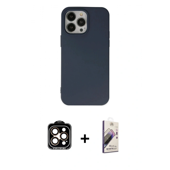 MARSİLYAN™- iPhone 14 Pro Max Kılıf Ahenk Serisi - Siyah Bilvis 3D Mat Cam Ekran Koruyucu + PVD Metal Kamera Lens - TU