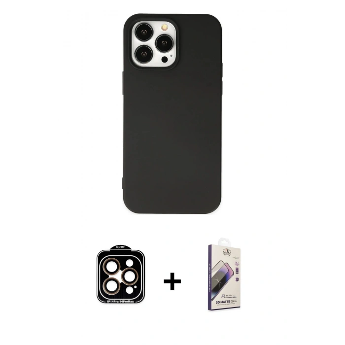MARSİLYAN™- iPhone 14 Pro Max Kılıf Ahenk Serisi - Siyah Bilvis 3D Mat Cam Ekran Koruyucu + PVD Metal Kamera Lens - TU