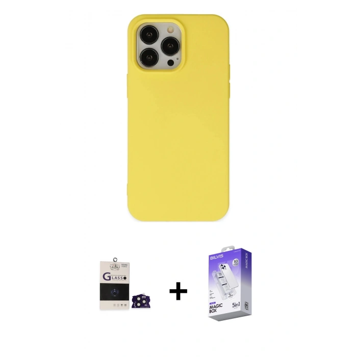 MARSİLYAN™- iPhone 14 Pro Max Kılıf Ahenk Serisi - Siyah Bilvis 5in1 3D Magic Cam Ekran Koruyucu + Bilvis Titan Kamera Lens - DNMR