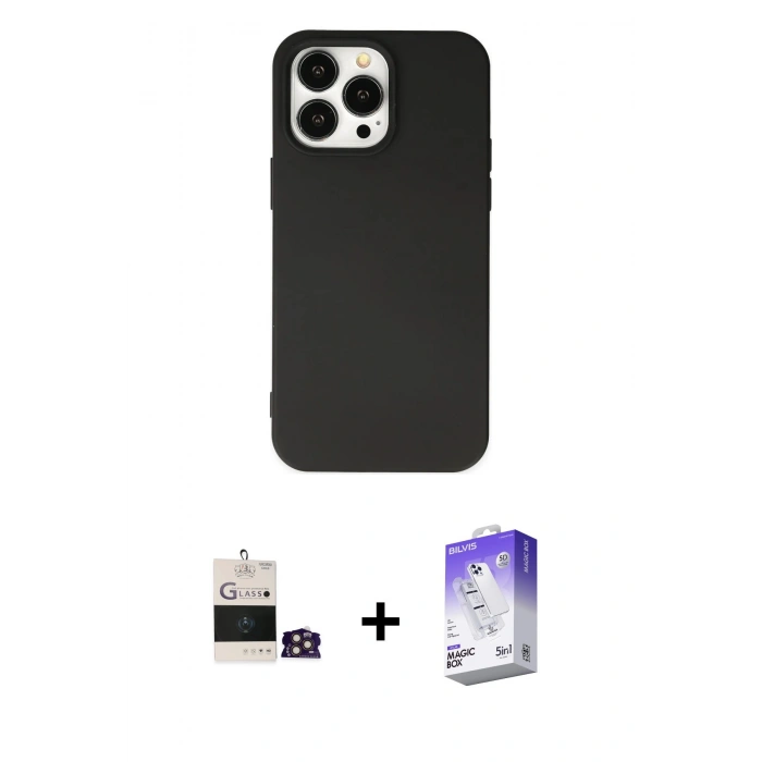 MARSİLYAN™- iPhone 14 Pro Max Kılıf Ahenk Serisi - Siyah Bilvis 5in1 3D Magic Cam Ekran Koruyucu + Bilvis Titan Kamera Lens - GD