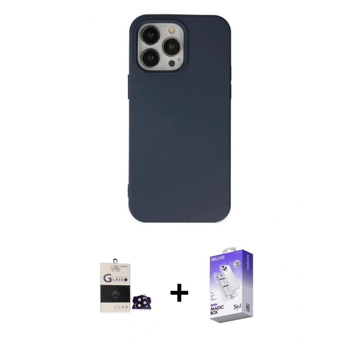 MARSİLYAN™- iPhone 14 Pro Max Kılıf Ahenk Serisi - Siyah Bilvis 5in1 3D Magic Cam Ekran Koruyucu + Bilvis Titan Kamera Lens - SH