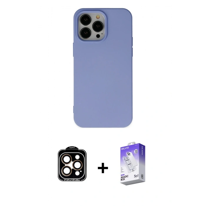 MARSİLYAN™- iPhone 14 Pro Max Kılıf Ahenk Serisi - Siyah Bilvis 5in1 3D Magic Cam Ekran Koruyucu + PVD Metal Kamera Lens - TU