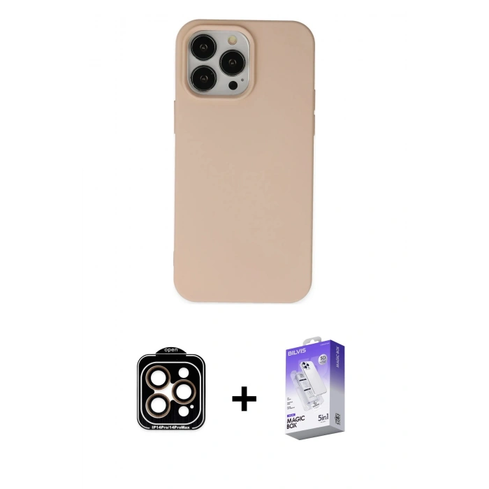 MARSİLYAN™- iPhone 14 Pro Max Kılıf Ahenk Serisi - Siyah Bilvis 5in1 3D Magic Cam Ekran Koruyucu + PVD Metal Kamera Lens - TU