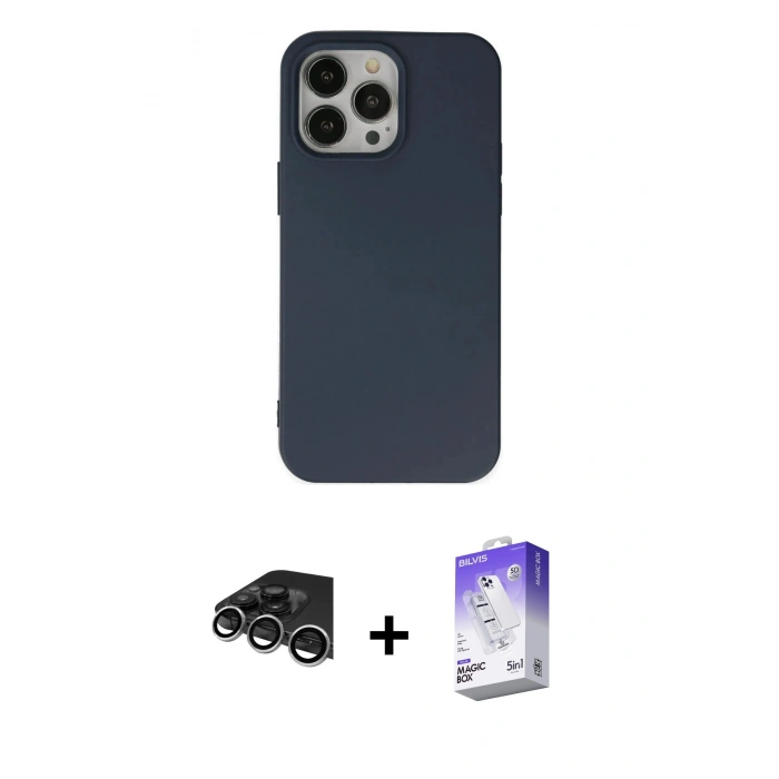 MARSİLYAN™- iPhone 14 Pro Max Kılıf Ahenk Serisi - Siyah Bilvis 5in1 3D Magic Cam Ekran Koruyucu + Raze Metal Kamera Lens - GS