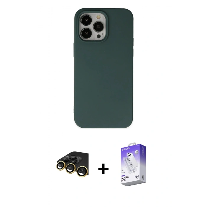 MARSİLYAN™- iPhone 14 Pro Max Kılıf Ahenk Serisi - Siyah Bilvis 5in1 3D Magic Cam Ekran Koruyucu + Raze Metal Kamera Lens - GD