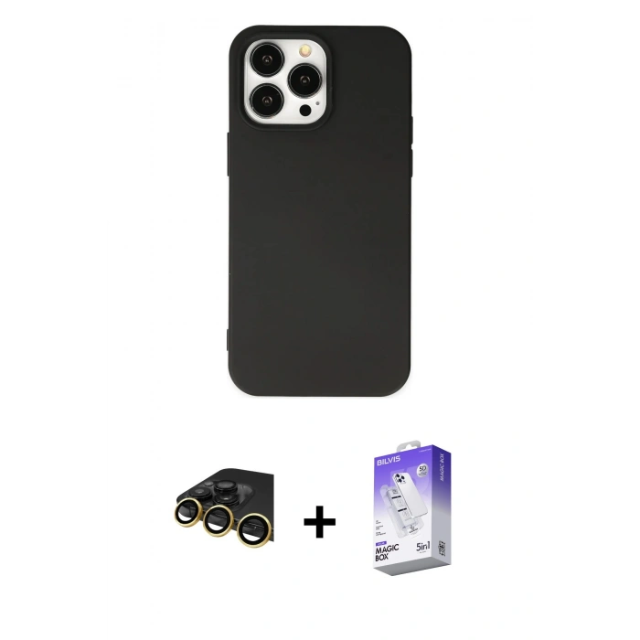 MARSİLYAN™- iPhone 14 Pro Max Kılıf Ahenk Serisi - Siyah Bilvis 5in1 3D Magic Cam Ekran Koruyucu + Raze Metal Kamera Lens - GD