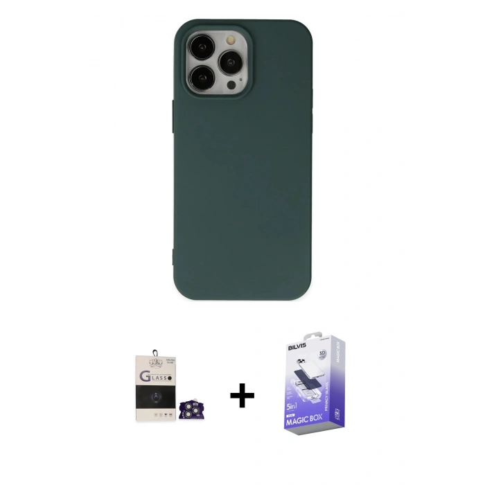 MARSİLYAN™- iPhone 14 Pro Max Kılıf Ahenk Serisi - Siyah Bilvis 5in1 5D Magic Hayalet Cam Ekran Koruyucu + Bilvis Titan Kamera Lens - GS