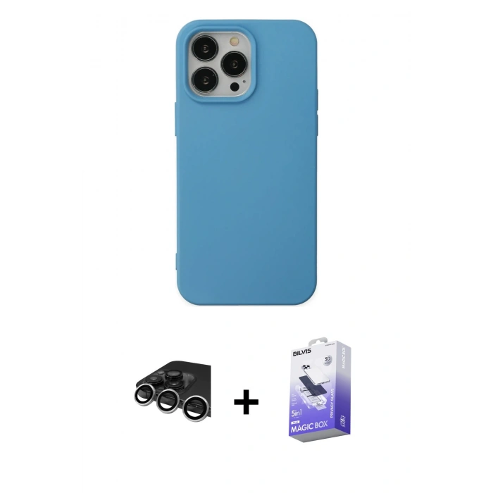MARSİLYAN™- iPhone 14 Pro Max Kılıf Ahenk Serisi - Siyah Bilvis 5in1 5D Magic Hayalet Cam Ekran Koruyucu + Raze Metal Kamera Lens - GS