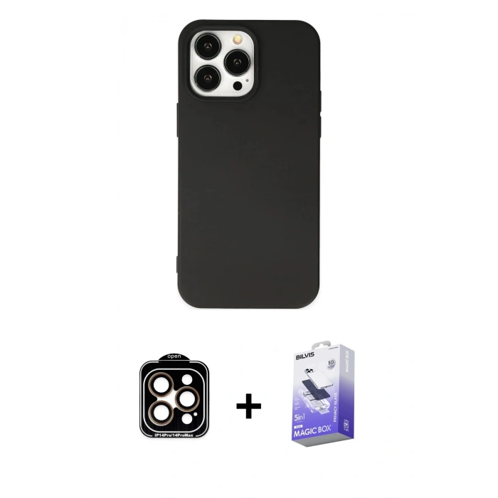 MARSİLYAN™- iPhone 14 Pro Max Kılıf Ahenk Serisi - Siyah Bilvis 5in1 5D Magic Hayalet Cam Ekran Koruyucu + PVD Metal Kamera Lens - TU