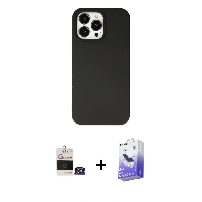 MARSİLYAN™- iPhone 14 Pro Max Kılıf Ahenk Serisi - Siyah Bilvis 5in1 5D Magic Hayalet Cam Ekran Koruyucu + Bilvis Titan Kamera Lens - GS