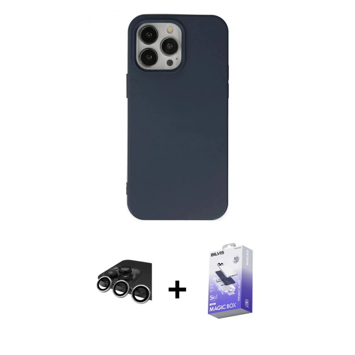 MARSİLYAN™- iPhone 14 Pro Max Kılıf Ahenk Serisi - Siyah Bilvis 5in1 5D Magic Hayalet Cam Ekran Koruyucu + Raze Metal Kamera Lens - GS