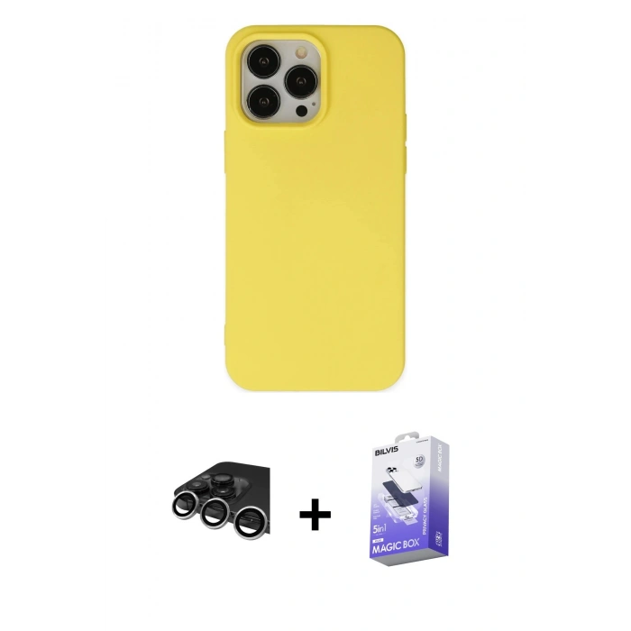 MARSİLYAN™- iPhone 14 Pro Max Kılıf Ahenk Serisi - Siyah Bilvis 5in1 5D Magic Hayalet Cam Ekran Koruyucu + Raze Metal Kamera Lens - GS