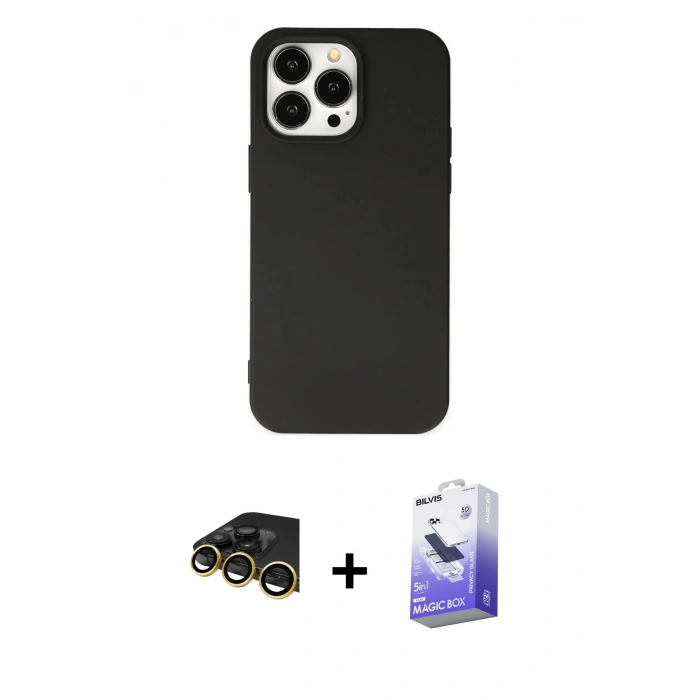 MARSİLYAN™- iPhone 14 Pro Max Kılıf Ahenk Serisi - Siyah Bilvis 5in1 5D Magic Hayalet Cam Ekran Koruyucu + Raze Metal Kamera Lens - GD