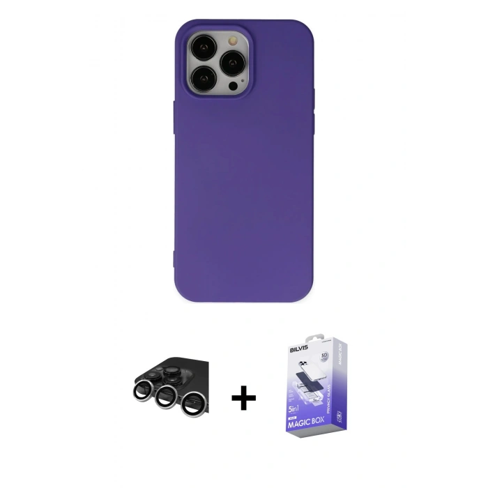 MARSİLYAN™- iPhone 14 Pro Max Kılıf Ahenk Serisi - Siyah Bilvis 5in1 5D Magic Hayalet Cam Ekran Koruyucu + Raze Metal Kamera Lens - GS