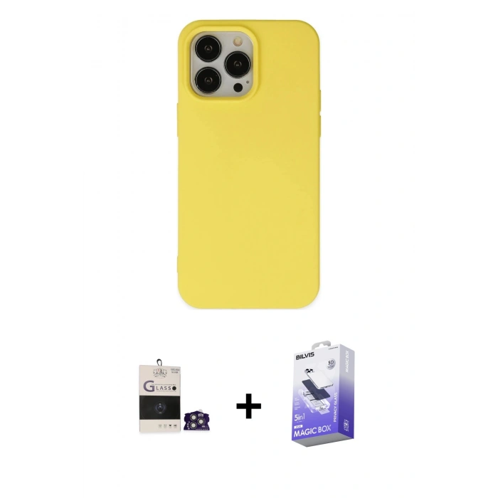 MARSİLYAN™- iPhone 14 Pro Max Kılıf Ahenk Serisi - Siyah Bilvis 5in1 5D Magic Hayalet Cam Ekran Koruyucu + Bilvis Titan Kamera Lens - GS