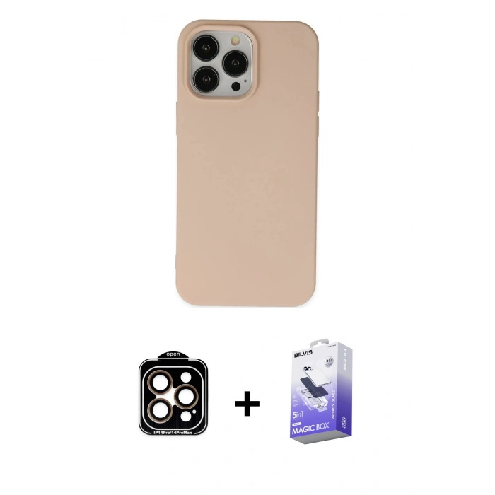 MARSİLYAN™- iPhone 14 Pro Max Kılıf Ahenk Serisi - Siyah Bilvis 5in1 5D Magic Hayalet Cam Ekran Koruyucu + PVD Metal Kamera Lens - TU
