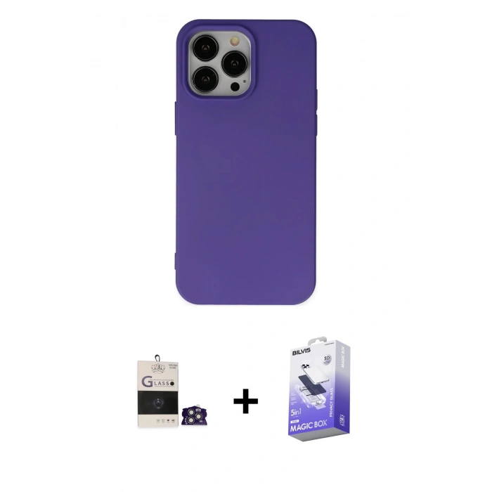 MARSİLYAN™- iPhone 14 Pro Max Kılıf Ahenk Serisi - Siyah Bilvis 5in1 5D Magic Hayalet Cam Ekran Koruyucu + Bilvis Titan Kamera Lens - GS