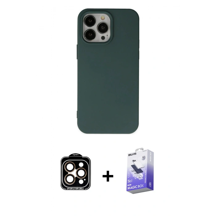 MARSİLYAN™- iPhone 14 Pro Max Kılıf Ahenk Serisi - Siyah Bilvis 5in1 5D Magic Hayalet Cam Ekran Koruyucu + PVD Metal Kamera Lens - TU