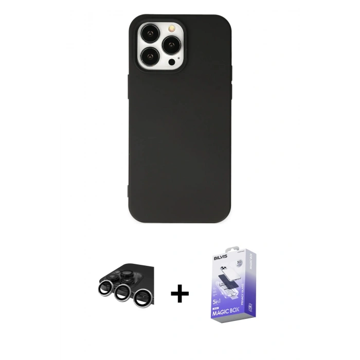 MARSİLYAN™- iPhone 14 Pro Max Kılıf Ahenk Serisi - Siyah Bilvis 5in1 5D Magic Hayalet Cam Ekran Koruyucu + Raze Metal Kamera Lens - GS