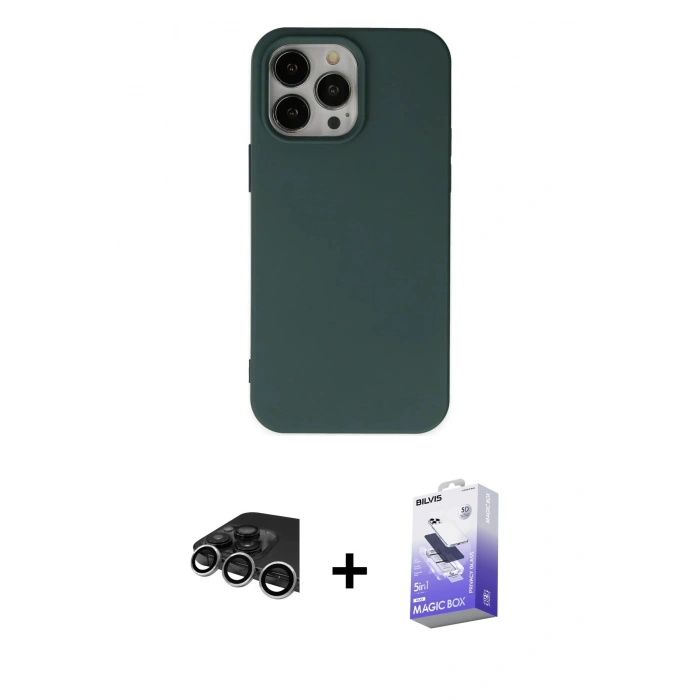 MARSİLYAN™- iPhone 14 Pro Max Kılıf Ahenk Serisi - Siyah Bilvis 5in1 5D Magic Hayalet Cam Ekran Koruyucu + Raze Metal Kamera Lens - GS