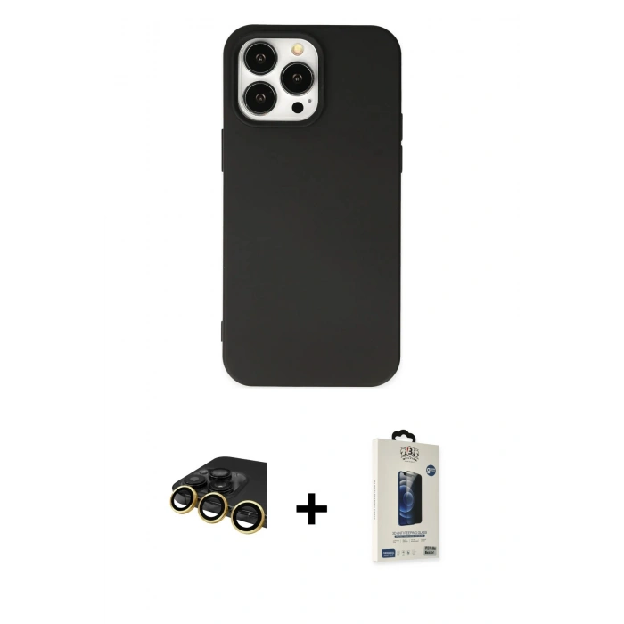 MARSİLYAN™- iPhone 14 Pro Max Kılıf Ahenk Serisi - Siyah Bilvis Hayalet Cam Ekran Koruyucu + Raze Metal Kamera Lens - GD